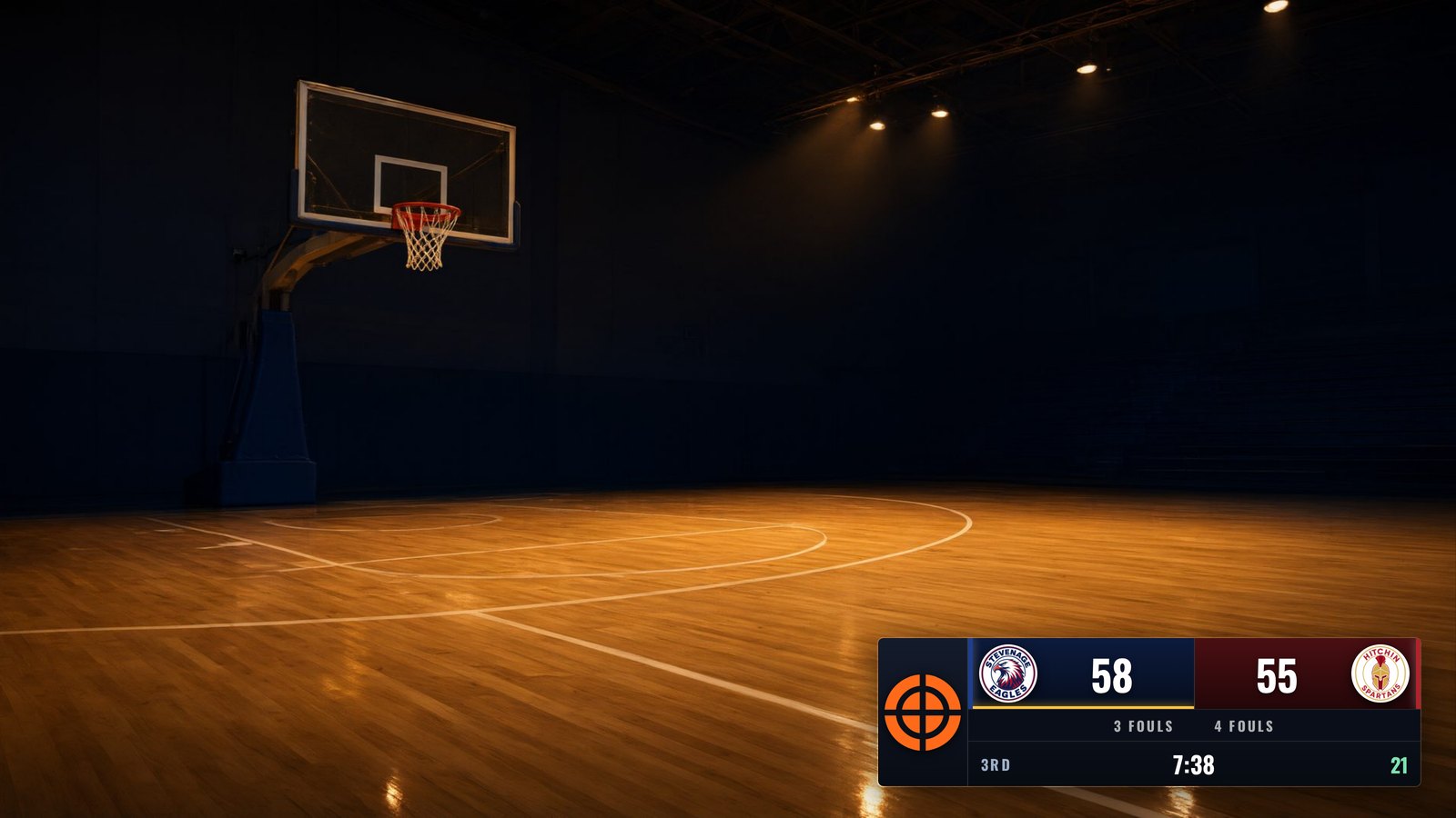 The Courtside scorebug overlay composited over a camera feed of a basketball court.