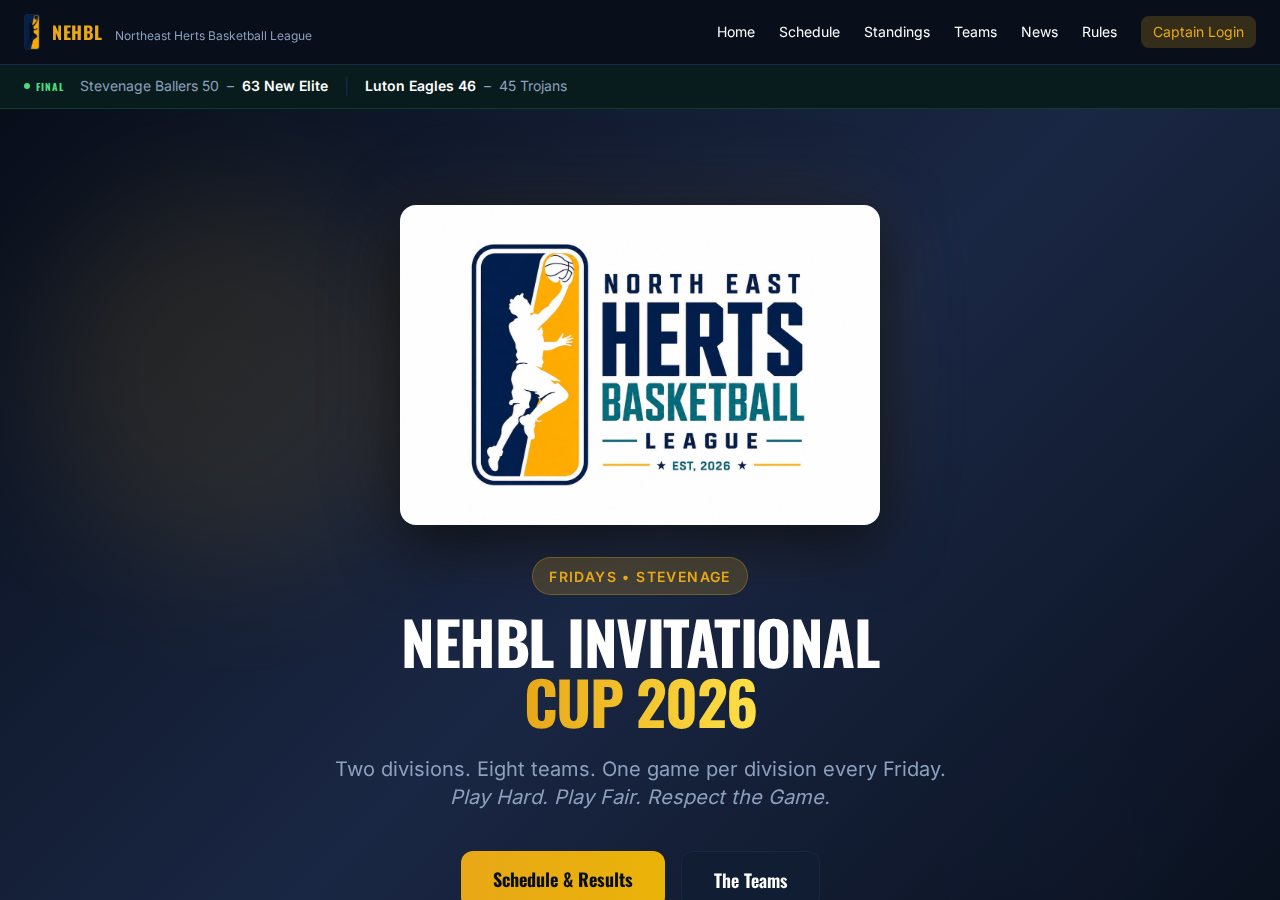 The NEHBL league website home page, built on Courtside Cloud.