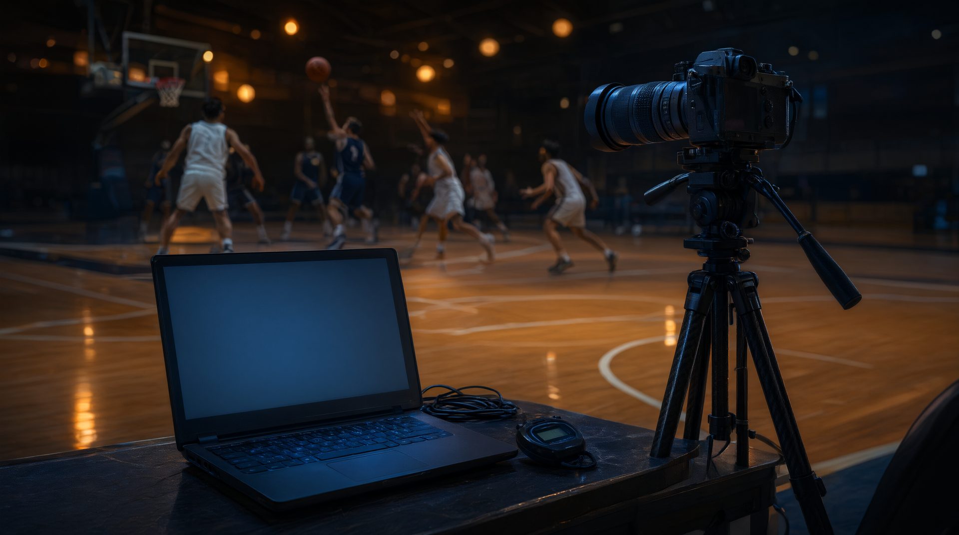 A laptop and camera at a scorer's table courtside.