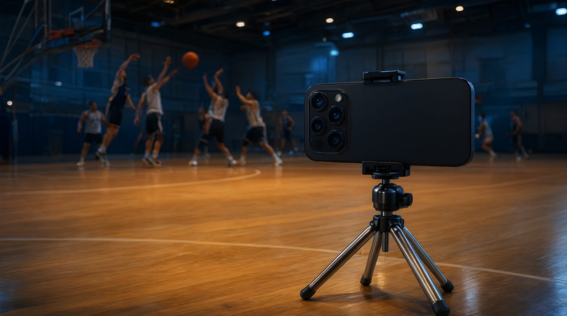 A phone on a tripod filming a basketball game.